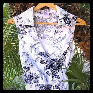 Retro black and white garden print wrap dress